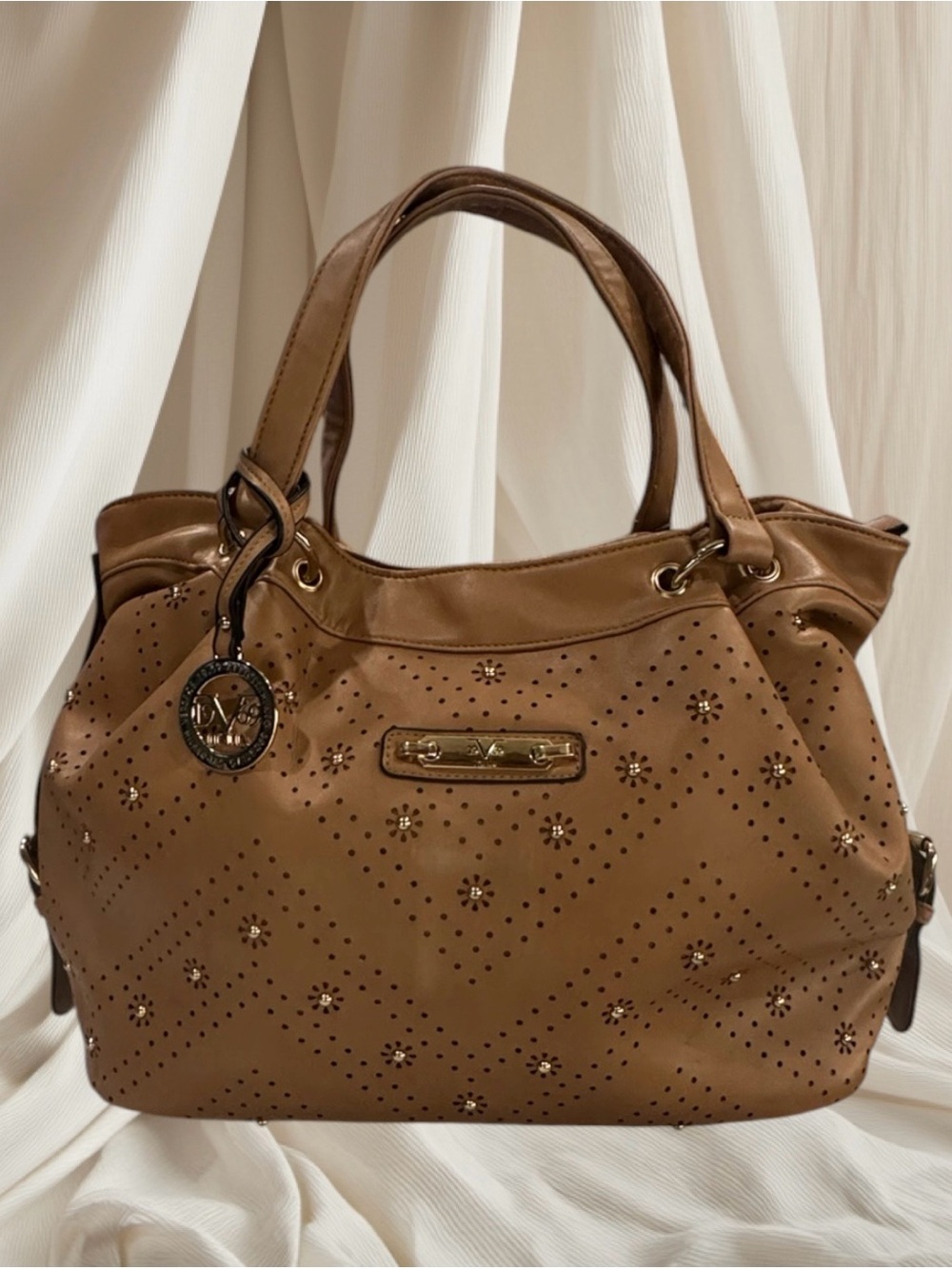 Versace 1969 Abbigliamento Perforated Tan Satchel with Gold Accents